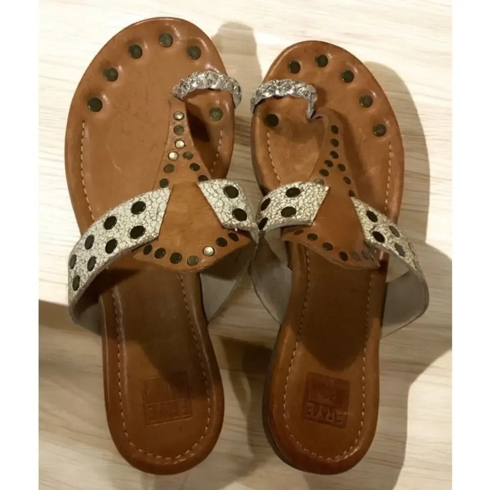 Frye tan leather sandals brass studs on the toe post. Size 8